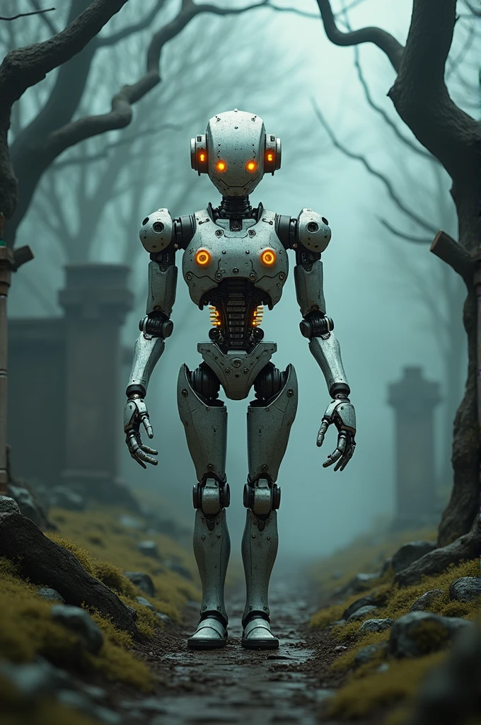 a robot that tells stories in a dark region in an old fairy tale world