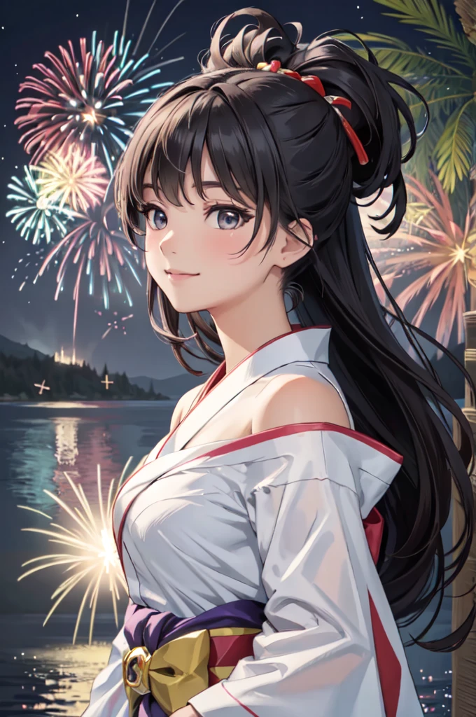 masterpiece, best quality, ultra detailed, highres, extremely detailed CG unity 8k wallpaper, perfect lighting,  very detailed background, beautiful and aesthetic,sharp focus, perfect face, dynamic pose, dynamic angle,
1girl, upper body, (portrait:1.1), multicolored yukata, kanzashi, looking at viewer,  full-face blush, from side, from below, smile,
night, dark sky, misty lake, mountainous horizon, break,aerial fireworks,  (Full of sky fireworks:1.2),
Shoulder Bare、Off the shoulder