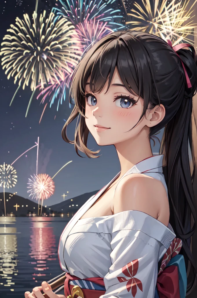 masterpiece, best quality, ultra detailed, highres, extremely detailed CG unity 8k wallpaper, perfect lighting,  very detailed background, beautiful and aesthetic,sharp focus, perfect face, dynamic pose, dynamic angle,
1girl, upper body, (portrait:1.1), multicolored yukata, kanzashi, looking at viewer,  full-face blush, from side, from below, smile,
night, dark sky, misty lake, mountainous horizon, break,aerial fireworks,  (Full of sky fireworks:1.2),
Shoulder Bare、Off the shoulder