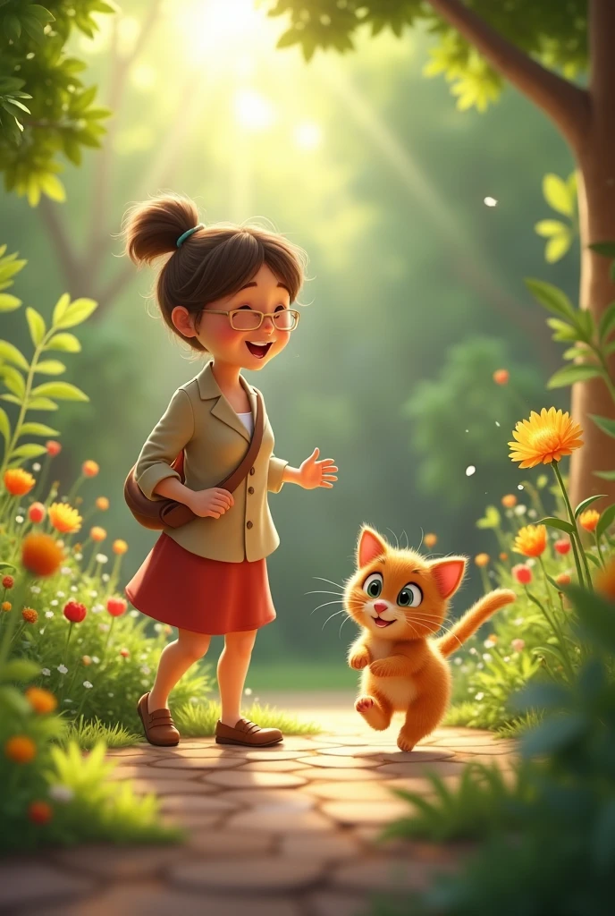 Hearing a soft voice calling her name, Whiskers pranced back through the garden to greet Mrs. Thompson, who laughed at her slightly damp fur and wide, excited eyes."