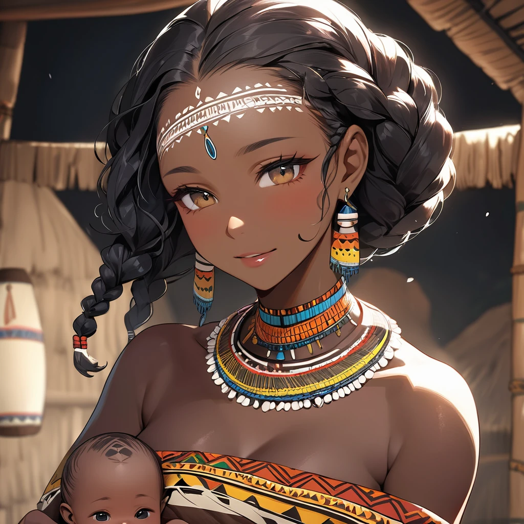 ((Highest quality)), ((masterpiece)), (detailed), (Perfect Face)、The woman has vibrant black skin and is happily holding a baby.、(Ghana braids with strong curly hair slicked back)、Black, dark skinned, African native tribal woman、The amount of hair is small、Black Hair、Very short curly hair、Ghana braid hair, finely and delicately braided into Ghana braids and slicked back、A black African woman with braided hair, low volume, tribal earrings and tribal accessories, beautifully dressed and wearing tribal makeup、A beautiful tribal woman with tattoos all over her body、Women in tribal village night rituals、The woman's hair is dyed black by the other women in the village and styled like an African woman's.