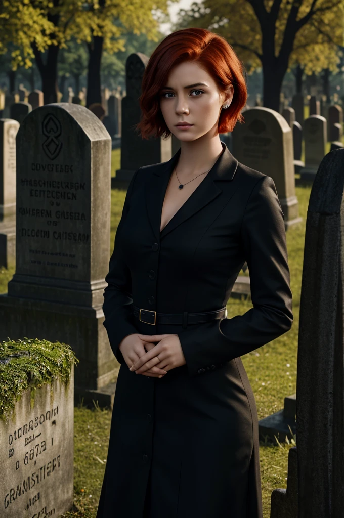 A beautiful short red haired brown eyed woman resembling like a German cinema actress, 21 years old, wearing black office dress, sad face, feminist, praying, through a graveyard, photorealistic, 8k, highly detailed, dramatic lighting, cinematic composition, elegant fashion, glamorous, intricate details, hyper realistic