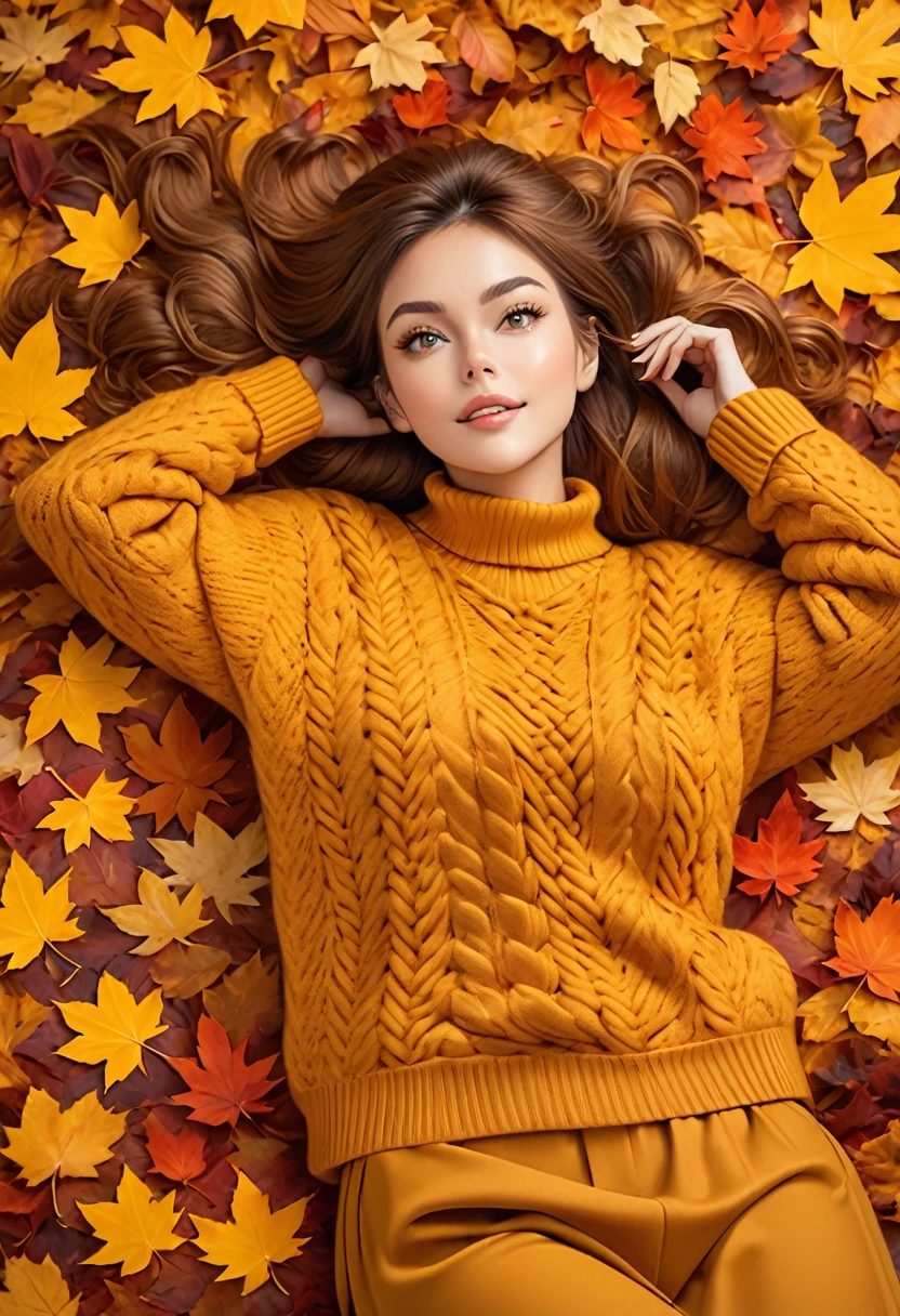 The image shows a person wearing a mustard yellow knitted sweater lying on a bed of autumn leaves. The leaves in the background are a mix of orange, brown and yellow tones, suggesting the fall season.