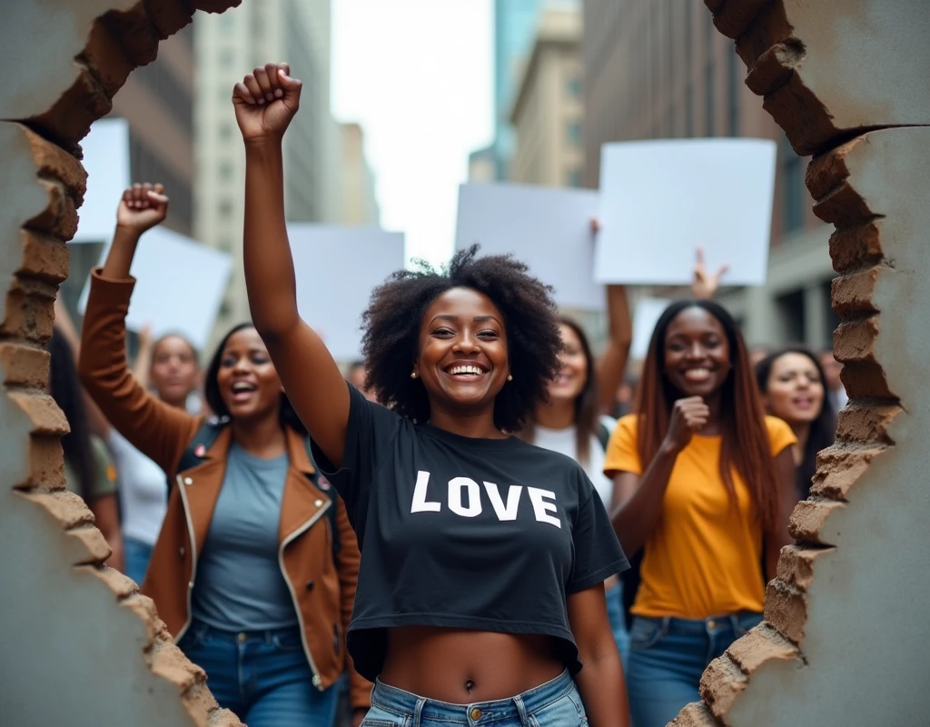 A group of individuals, predominantly of African descent, participating in a protest or demonstration. They are raising their fists and holding up blank white placards. The backdrop is an urban setting with tall buildings, and the scene appears to be breaking through a wall or barrier, symbolizing a breakthrough or resistance. The central figure, a woman with a raised fist and the word 'LOVE' on her shirt, seems to be leading or expressing the most intense emotion. The overall tone of the image is powerful and evocative, highlighting themes of unity, resistance, and hope.