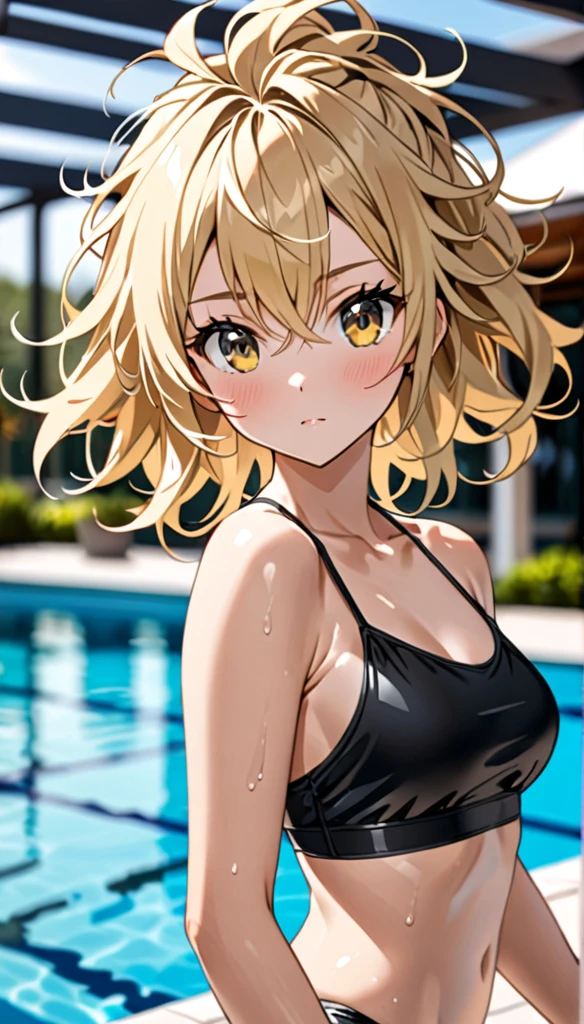 Beautiful and blond, messy hair, wearing all black, free arms, swimsuit, looking at the viewer, blurred pool background