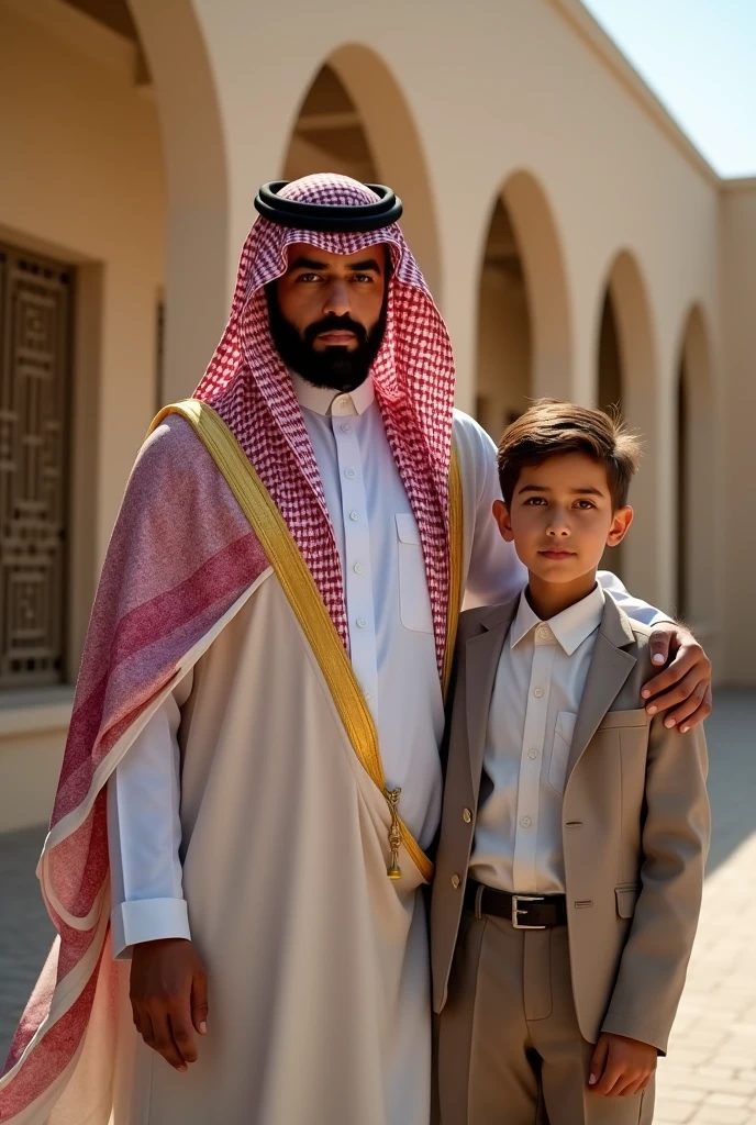 a saudi man in traditional saudi clothes standing next to his son and daughter in school uniforms, school background, full body(best quality,4k,8k,highres,masterpiece:1.2),ultra-detailed,(realistic,photorealistic,photo-realistic:1.37),highly detailed faces and expressions, beautiful detailed eyes,beautiful detailed lips,extremely detailed eyes and face,longeyelashes,traditional saudi architecture,school building,intricate details,vibrant colors,dramatic lighting,cinematic composition