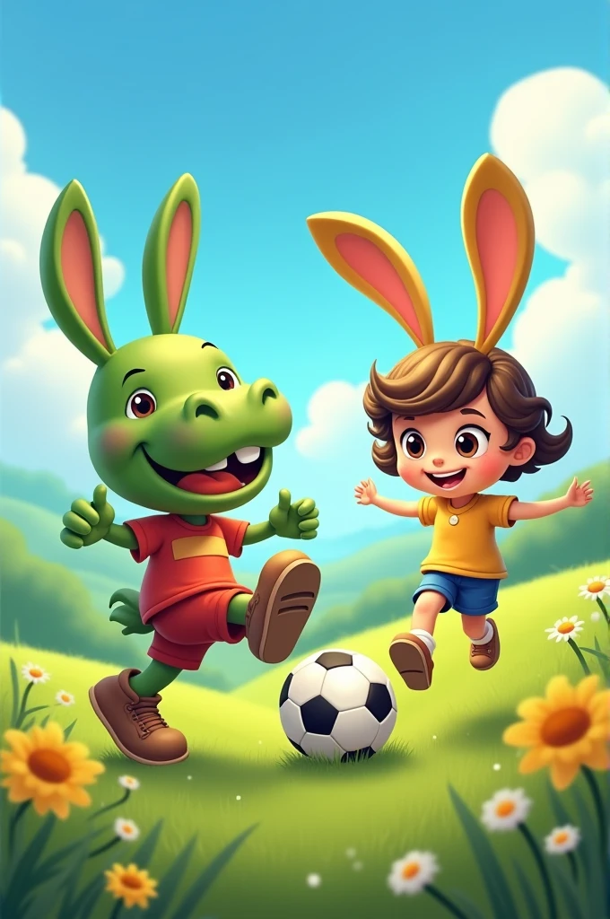 Jane plays football with the green bunny boy, Hippo.