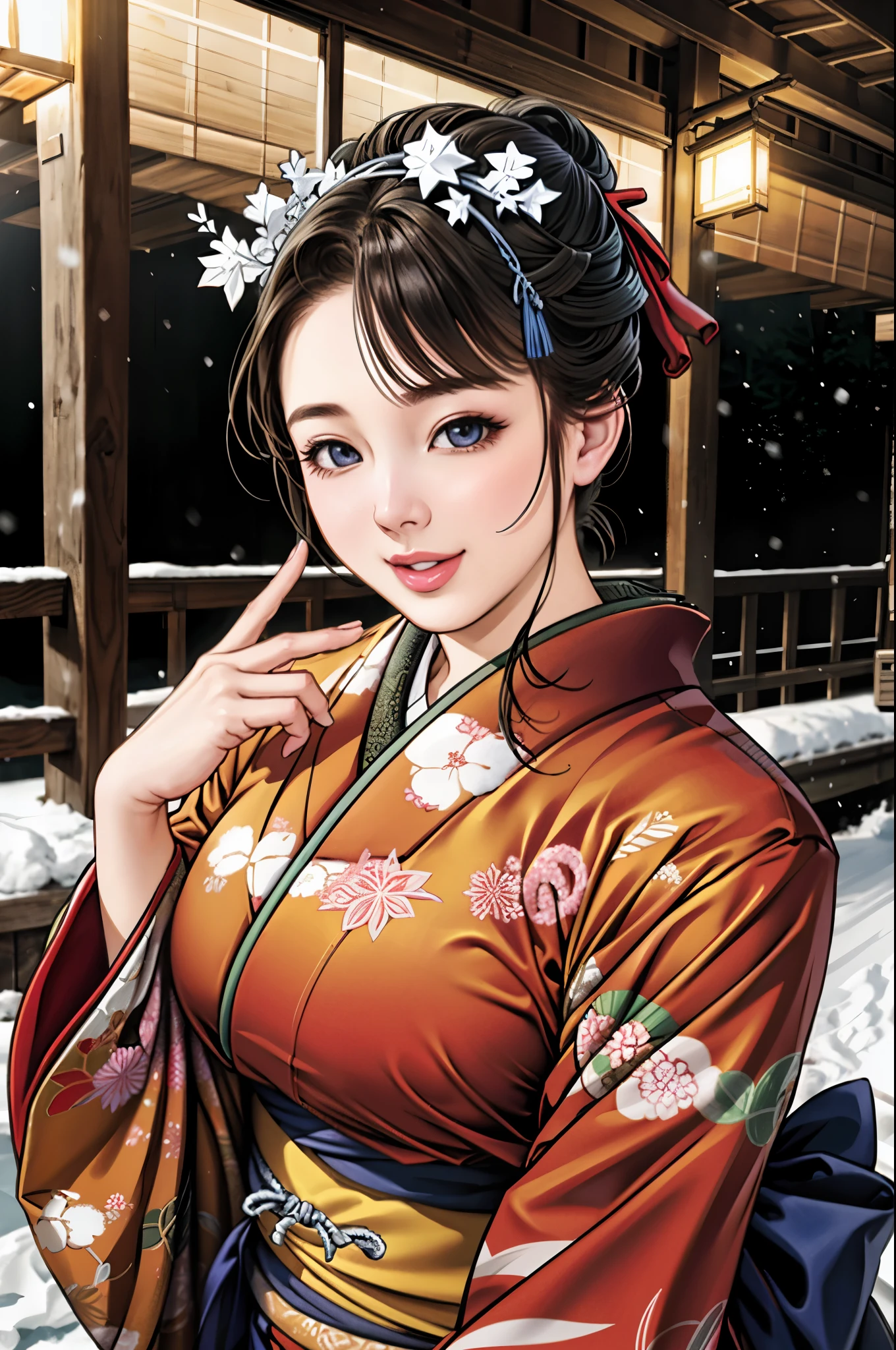 (Browsing Caution), (RAW Photos), (Realistic), (Photorealistic), Ultra-high resolution, masterpiece, Highest quality, Portraiture, facial Portraiture, Perfect lighting, Detailed lighting, Dramatic Shadows, Ray Tracing, Pure Eros Face_v1, Urzan-6500-v1.1, ((gentle smile)), ((upper body:1.2)), ((random sexy pose)), looking at viewer, ((wearing a kimono)), ((in old Japanese sinto)), ((night)), ((background with snow:1.2)), ((blizzard:1.2)),
