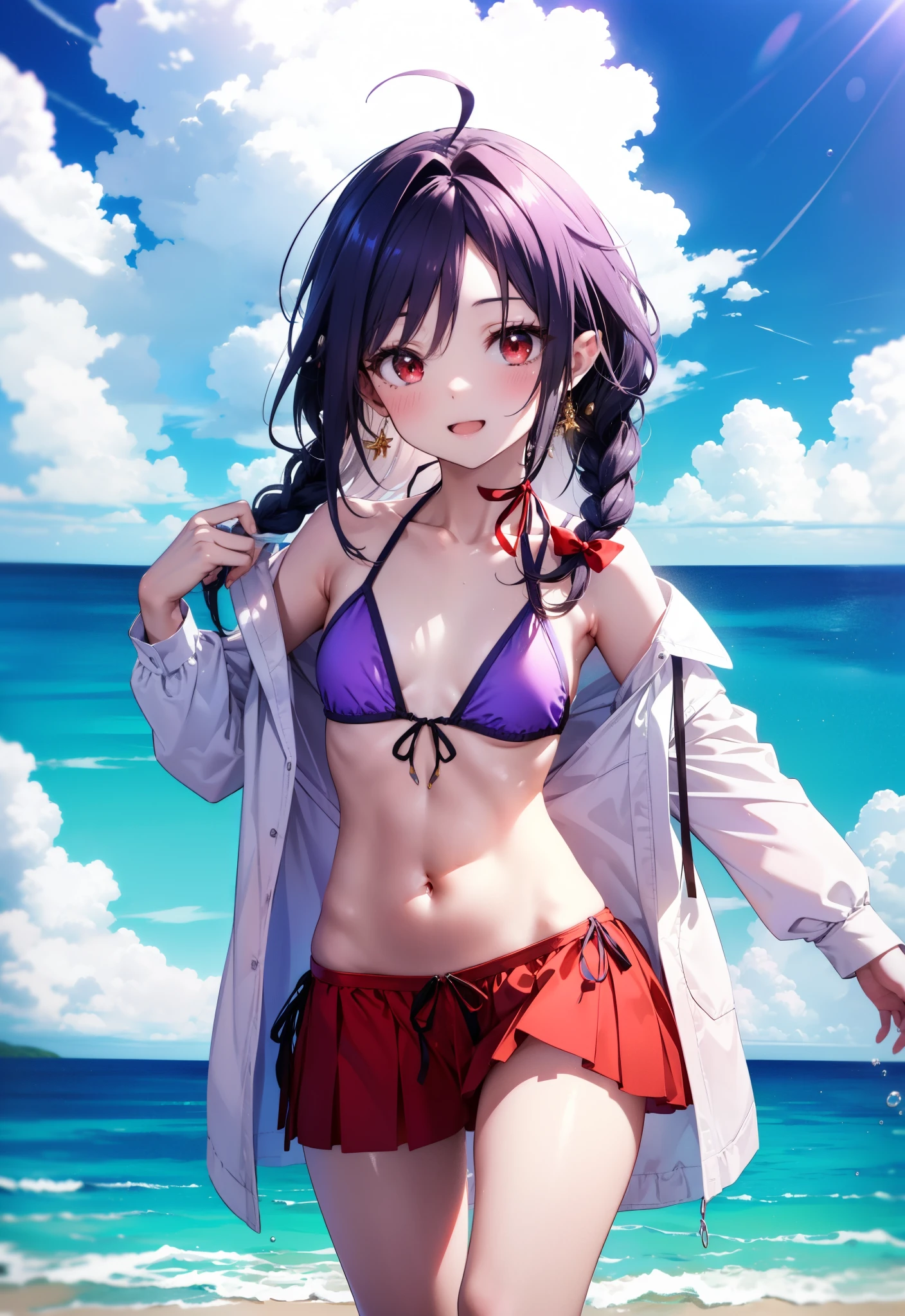 yuukikonno, Yuuki Konno, hair band, Ahoge,Long, thick braids, Pointed Ears, Purple Hair, (Red eyes:1.5), (Small breasts:1.2), smile,blush,Open your mouth,Purple bikini string swimsuit,Pareo Swimsuit,Belly button,A light red long skirt is tied around her waist.,barefoot,Water Play,Daytime,Clear skies,True Summer,whole bodyがイラストに入るように,Sandy Beachを散歩している,
break looking at viewer, whole body, (Cowboy Shot:1. 5),
break outdoors, Beach,Sandy Beach,
break (masterpiece:1.2), Highest quality, High resolution, unity 8k wallpaper, (figure:0.8), (Beautiful attention to detail:1.6), Highly detailed face, Perfect lighting, Highly detailed CG, (Perfect hands, Perfect Anatomy),