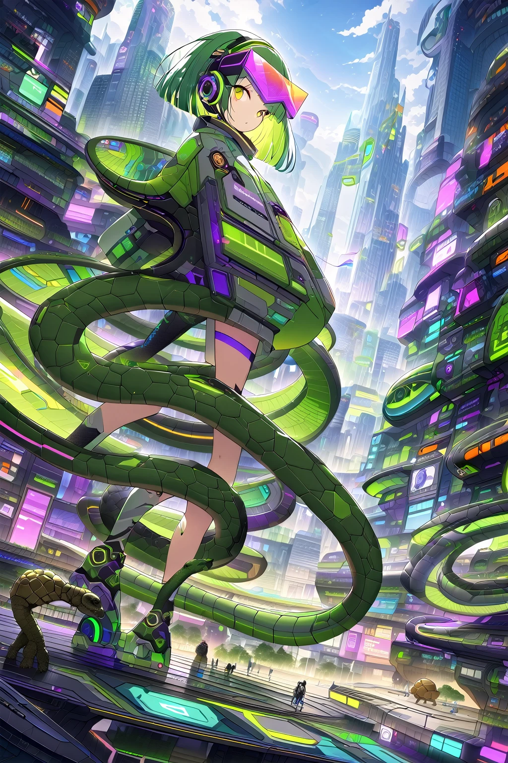 (extremely detailed fine touch:1.3), (((Futuristic eyewear:1.3))), (wear headphones around:1.0), green short hair, blunt bangs, beautiful android girl, solo, full body, (tortoise:1.3)The tail is the head of a snake, Futuristic Art, Futuristic city, single Skyscraper