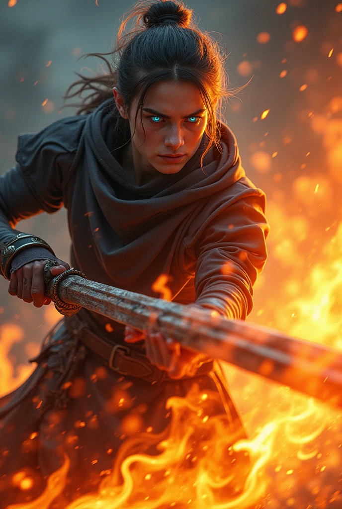 Anime demon slayer , blue eye full realistic lenses, realistic, 8k, --v4,--2:3, fully fire sword spin , body full realistic fire