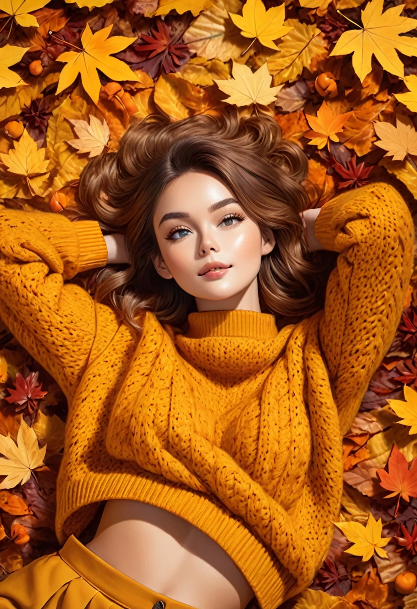 The image shows a person wearing a mustard yellow knitted sweater lying on a bed of autumn leaves. The leaves in the background are a mix of orange, brown and yellow tones, suggesting the fall season.