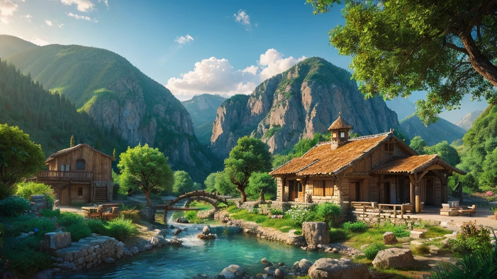 Ancient Greek Village, mystical nature, Rivers, Mountains and forests, waterfall, cloud, Photorealistic photos, It&#39;s not 8k. Aerial view.