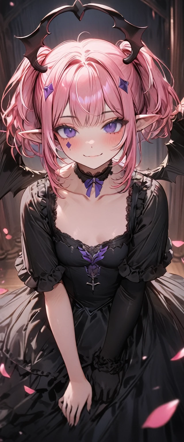 UHD, masterpiece, best quality, extremely detailed, anatomically correct, sharp focus, Midnight, gloomy atmosphere, Church, altar isle, 1girl, solo, camilavtuber, pink hair, short hair, shoulder length hair, (black head wings:1.1), (twin ponytail), PURPLE EYES, PURPLEIRIS, (facial mark), small mouth, closed mouth, smiling, crucifix choker, black arm sleeves, slim arms, black gloves, small chest, 1 devil wing, single wing, ((long black gown)), frilly gown, slim legs, black stockings, (black high heels), (full body) , (close-up), innocent pose, eye-level shot, front view, innocent pose, scattered pink petals