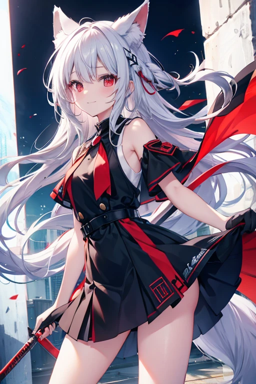Long Hair, Red eyes, Fox Ears, Attention to detail, Silver Hair, Both sides up, Animal ears , happiness/joy, anime, Spread your legs Short skirt Swaying in the Wind Fox Tail Red and black dress Twin Side Up smile Too much exposure