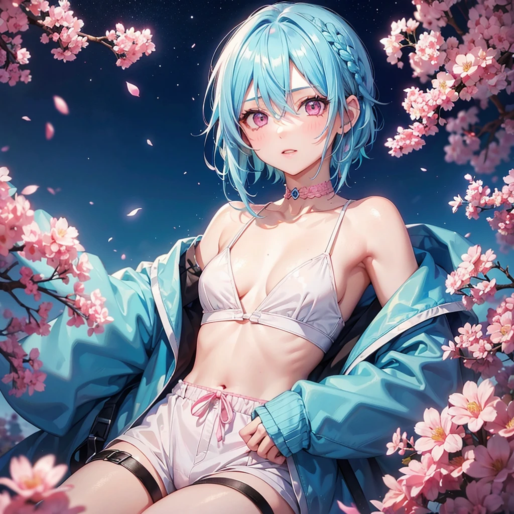 (Sky blue hair),(Braided short hair), (Pink Eyes),Fair skin) ,(whole body),(one person's),(Gift boxes filling the background),(Santa Claus clothes),(Cute smile),Santa Claus hat,(Christmas Party),(masterpiece, Highest quality, Very detailed, Best Shadow), (Detailed Background), (Beautifully detailed face), High Contrast, (Best lighting, Very delicate and beautiful), ((Cinematic Light)), Hyper Detail,8k, Dramatic Light, Intricate details,(Christmas tree)