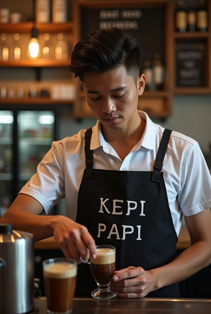A Malaysia Man, 27 year, Make me a realistic and nice photo of a bartender making coffee with the apron with the name Kopi Payid on it, background signboard text name KEDAI KOPI on it.