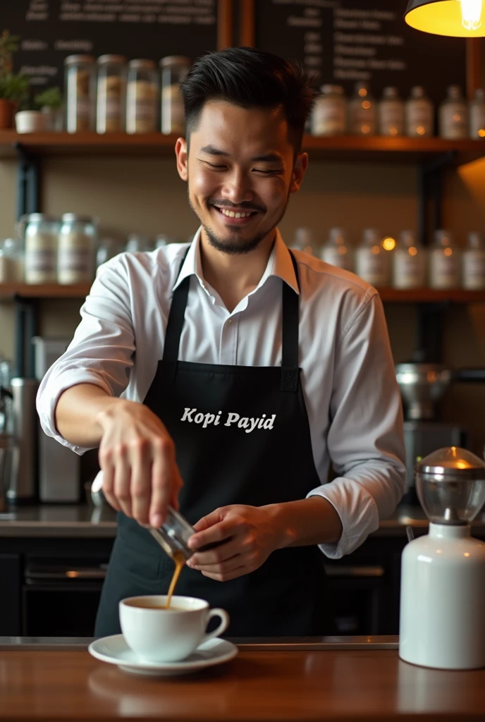 A Malaysia Man, 27 year, Make me a realistic and nice photo of a bartender making coffee with the apron with the name Kopi Payid on it, background signboard text name KEDAI KOPI on it.