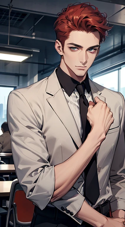 (best quality,4k,8k,highres,masterpiece:1.2),ultra-detailed,(realistic,photorealistic,photo-realistic:1.37),1 man,31 years old,mature man,very handsome,without expression,smile,short grey red hair,blue eyes,penetrating gaze,perfect face without errors,imposing posture,businessman,office background,cinematic lighting,hdr image