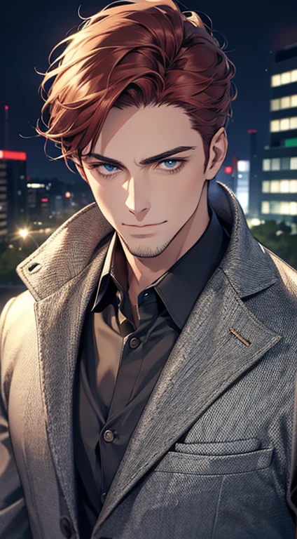 (best quality,4k,8k,highres,masterpiece:1.2),ultra-detailed,(realistic,photorealistic,photo-realistic:1.37),1 man,31 years old,mature man,very handsome,without expression,smile,short grey red hair,blue eyes,penetrating gaze,perfect face without errors,imposing posture,businessman,office background,cinematic lighting,hdr image
