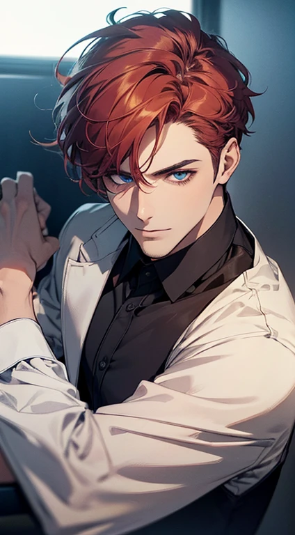 (best quality,4k,8k,highres,masterpiece:1.2),ultra-detailed,(realistic,photorealistic,photo-realistic:1.37),1 man,31 years old,mature man,very handsome,without expression,smile,short grey red hair,blue eyes,penetrating gaze,perfect face without errors,imposing posture,businessman,office background,cinematic lighting,hdr image