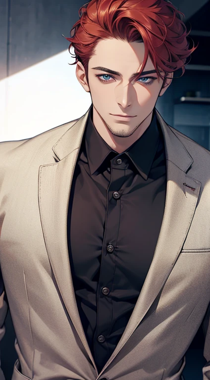 (best quality,4k,8k,highres,masterpiece:1.2),ultra-detailed,(realistic,photorealistic,photo-realistic:1.37),1 man,31 years old,mature man,very handsome,without expression,smile,short grey red hair,blue eyes,penetrating gaze,perfect face without errors,imposing posture,businessman,office background,cinematic lighting,hdr image