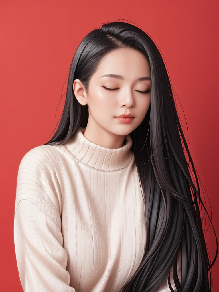 ,score_9,score_8_superior,score_7_superior, 20-year-old, 8k, High resolution, beautiful girl, Black Hair, Very long hair, Straight hair, Mouth closed,
One girl, Detailed face, Beautiful woman face, sweater, Red background, View your viewers,