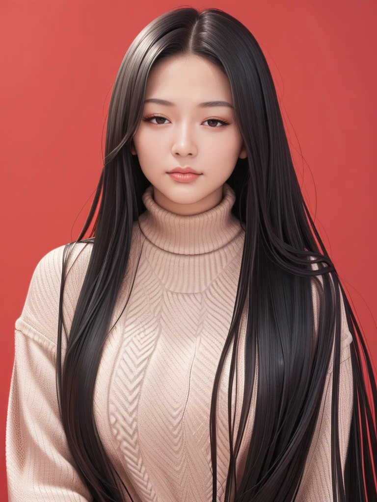 ,score_9,score_8_superior,score_7_superior, 20-year-old, 8k, High resolution, beautiful girl, Black Hair, Very long hair, Straight hair, Mouth closed,
One girl, Detailed face, Beautiful woman face, sweater, Red background, View your viewers,