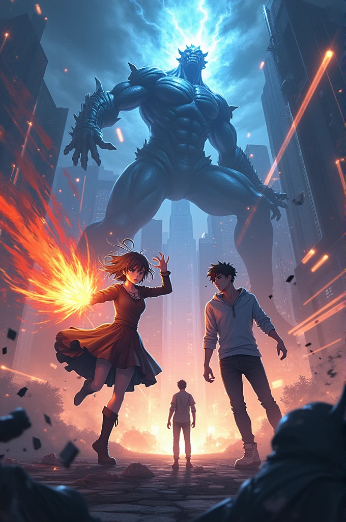 Hãy tạo cho tôi một hình ảnh nền cho một bộ anime có tựa đề là "NGƯỜI SIÊU NĂNG LỰC", gồm nhân vật nữ sử dụng lửa, nhân vật nam
chính sử dụng thời gian, nhân vật thứ 3 là nam hacked máy tính, nhân vật mặc đồ bình thường, tác phẩm nói về thế giới chứa những người siêu năng lực chiến đấu lẫn nhau và quái vật