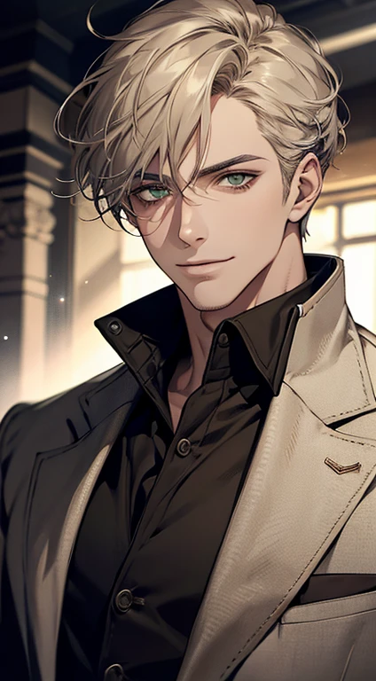 ((a mature man, very handsome, smile in love, short grey golden hair, green eyes, perfect face without errors)), ((buttoning the jacket, CEO)), (best quality, masterpiece, 8K, photorealistic, cinematic lighting, hdr image, ultra detailed, beautiful image), (portrait, detailed facial features, intricate textures, realistic skin tones, highly detailed, ultra-realistic), (warm lighting, soft shadows, dramatic lighting), (muted color palette, rich tones), (professional photography, high resolution, studio lighting)
