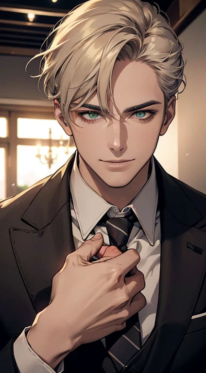 ((a mature man, very handsome, smile in love, short grey golden hair, green eyes, perfect face without errors)), ((buttoning the jacket, CEO)), (best quality, masterpiece, 8K, photorealistic, cinematic lighting, hdr image, ultra detailed, beautiful image), (portrait, detailed facial features, intricate textures, realistic skin tones, highly detailed, ultra-realistic), (warm lighting, soft shadows, dramatic lighting), (muted color palette, rich tones), (professional photography, high resolution, studio lighting)