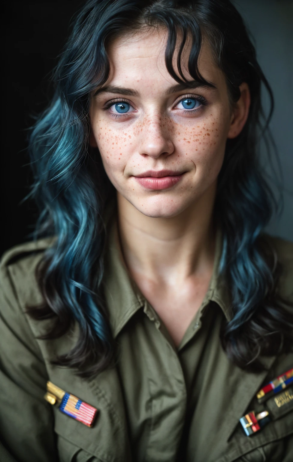 (Close-up, editorial photograph of a 25 year old woman), (highly detailed face:1.4) (smile:0.7) (background inside dark, moody, private study:1.3) POV, by lee jeffries, nikon d850, film stock photograph ,4 kodak portra 400 ,camera f1.6 lens ,rich colors, hyper realistic ,lifelike texture, dramatic lighting , cinestill 800, wavy hair, messy hair, short hair, curls, Silly smirk, Blue hair, freckles, Blue Eyes, Army Uniform, Astral Plane, American expressions, American woman, Cyberpunk Scenario