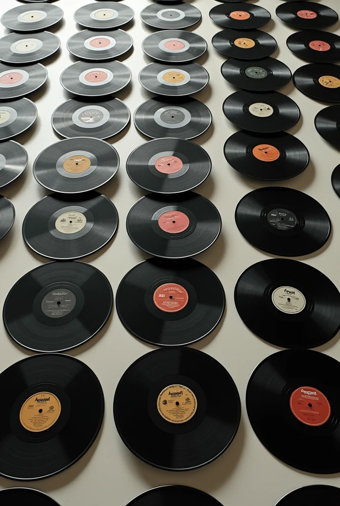 Old records lined up at equal intervals from directly above