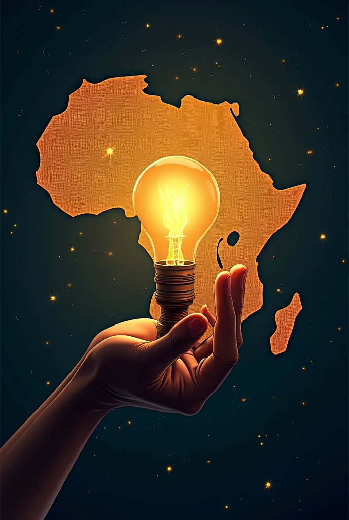 Une illustration de la carte de l'Afrique entourée d'un avec une main tenant une ampoule avec de la lumière et des éclats en petit points
La main ne doit pas déborder de la carte 