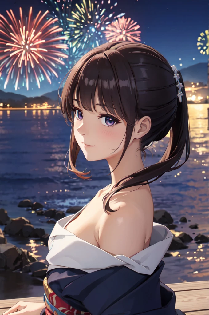 masterpiece, best quality, ultra detailed, highres, extremely detailed CG unity 8k wallpaper, perfect lighting,  very detailed background, beautiful and aesthetic,sharp focus, perfect face, dynamic pose, dynamic angle,
1girl, upper body, (portrait:1.1), multicolored yukata, kanzashi, looking at viewer,  full-face blush, from side, from below, smile,
night, dark sky, misty lake, mountainous horizon, break,aerial fireworks,  (Full of sky fireworks:1.2),
Shoulder Bare、Off the shoulder