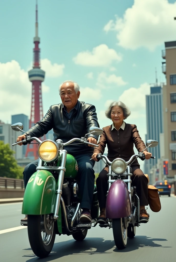 black leather jacket, japanese grandfather and grandmother, old man riding a large bike with a cucumber motif and an old woman riding a sidecar with an eggplant motif, BLAKE Motorcycles flying over Tokyo, Tokyo Tower in the background,