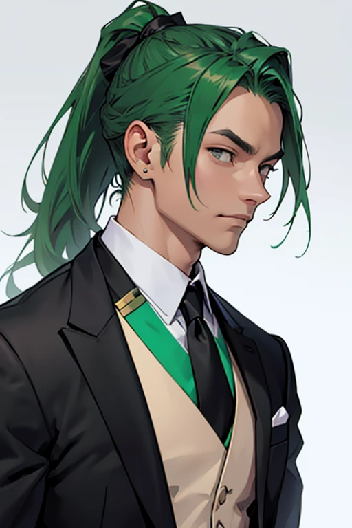 green haired man、ponytail、Black suit with white neckerchief tie、