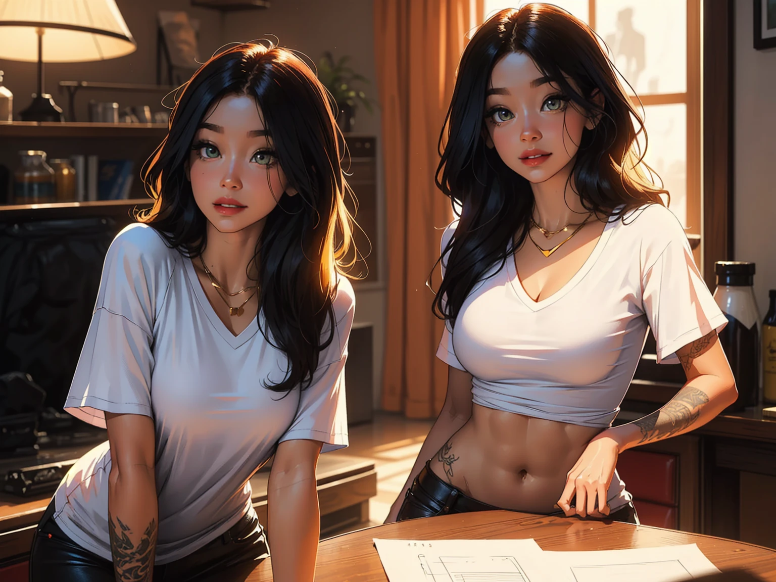 A stunning woman stands solo, hips slightly upturned, her detailed face radiating a sultry invitation. (Amber Eyes)shine like warm honey as she sports multi-colored hair with trendy bangs. A tattooed dragon wraps around her toned physique, visible beneath a fitted t-shirt that accentuates her chest. A delicate necklace glimmers against her skin as she confidently wears a sexy smile. Her mischievous gaze seems to say 'come closer', drawing the viewer's eye like a magnet. Framed by a soft, golden light, Makima's beauty is perfectly balanced and on full display, with the tip of the nipple showing through,((Woman Solo))