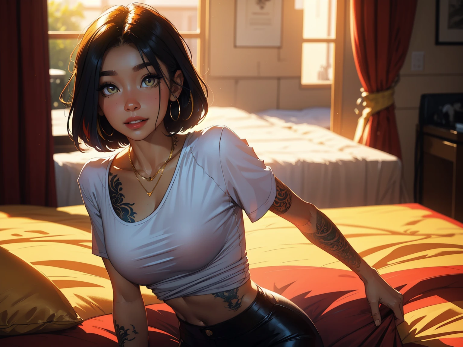 A stunning woman stands solo, hips slightly upturned, her detailed face radiating a sultry invitation. (Amber Eyes)shine like warm honey as she sports multi-colored hair with trendy bangs. A tattooed dragon wraps around her toned physique, visible beneath a fitted t-shirt that accentuates her chest. A delicate necklace glimmers against her skin as she confidently wears a sexy smile. Her mischievous gaze seems to say 'come closer', drawing the viewer's eye like a magnet. Framed by a soft, golden light, Makima's beauty is perfectly balanced and on full display, with the tip of the nipple showing through,((Woman Solo))