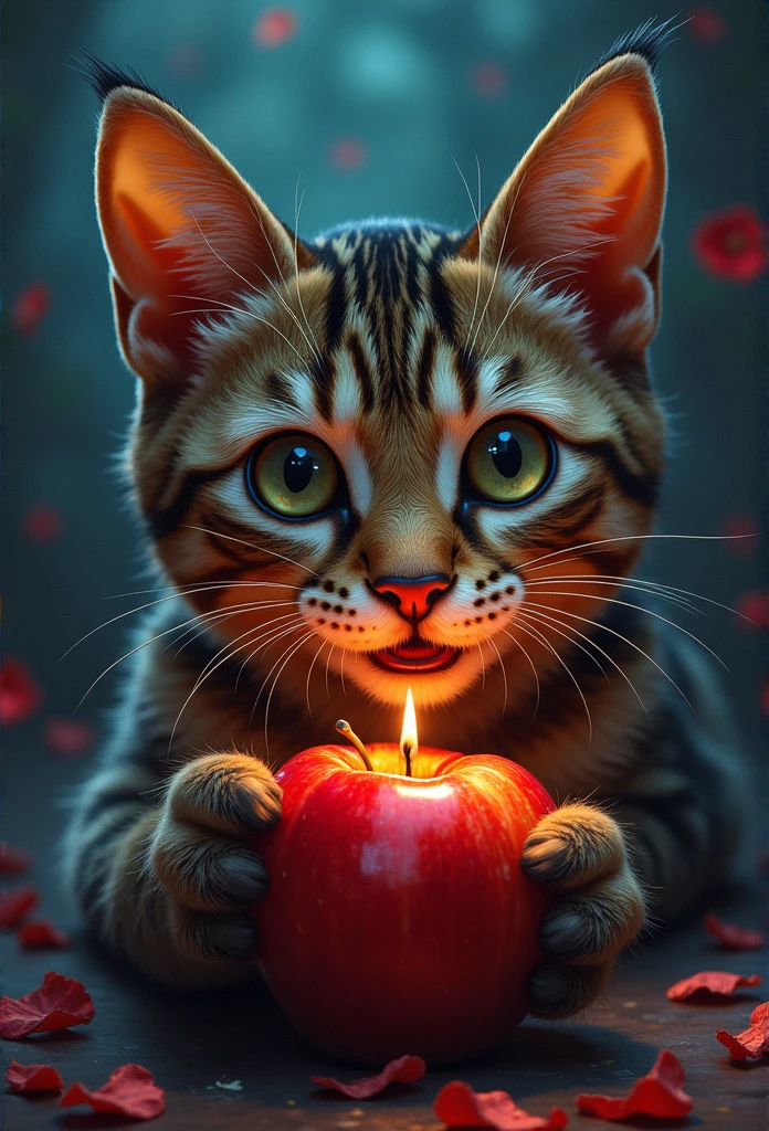 Cat eating an apple. Ultra-realistic photos, colorful, Complex, Highly detailed artistic photography, colorful night aura, Shadow, Oil on canvas, Brush strokes, Smooth, Ultra-high resolution, 32K, Super sharp focus, Complex artwork masterpiece, Unlucky, Matte Painting Movie Poster, Golden Ratio, Complex, amazing, Very detailed, Vibrant, Creating movie characters, Super high quality productions by Disney Studios, Realistic, Seductive position,