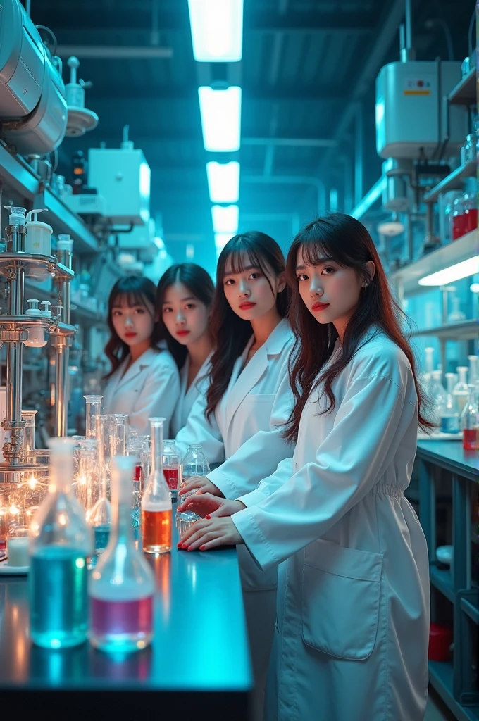 I'm taking photos for a new concept album. Create a girl group concept photo with chemical laboratory tools