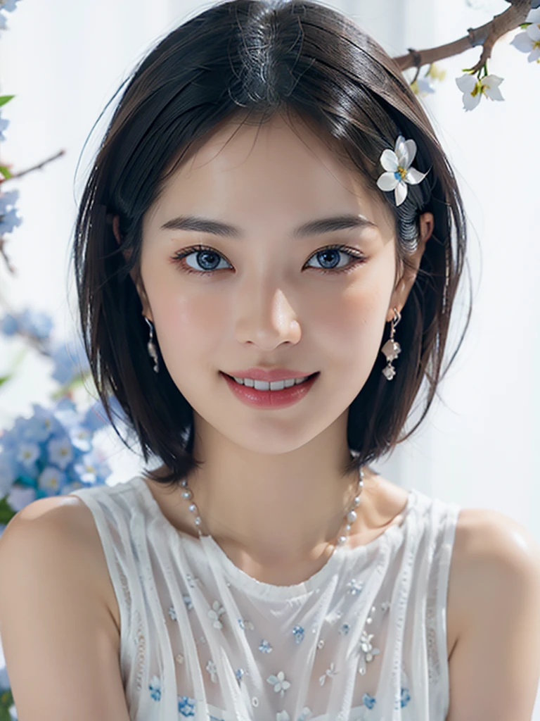 8k,Confused, High resolution, Very detailed, 1 person, alone, Very beautiful eyes, Ultra-precise depiction, artistic、Very detailed depiction, (Tangled:1.2), , (White high key background:1.5), (((White dress with blue flowers 1.5))), 、 short hair、Loose wavy hair、Earrings and Necklaces、Brown Hair, (Glowing Skin), Many colors, , (Shooting from above:1.2),、Flat Body、slim、cute、、Round face、Cast a Shadow、、Smile 1.3、Mid-shot photo、