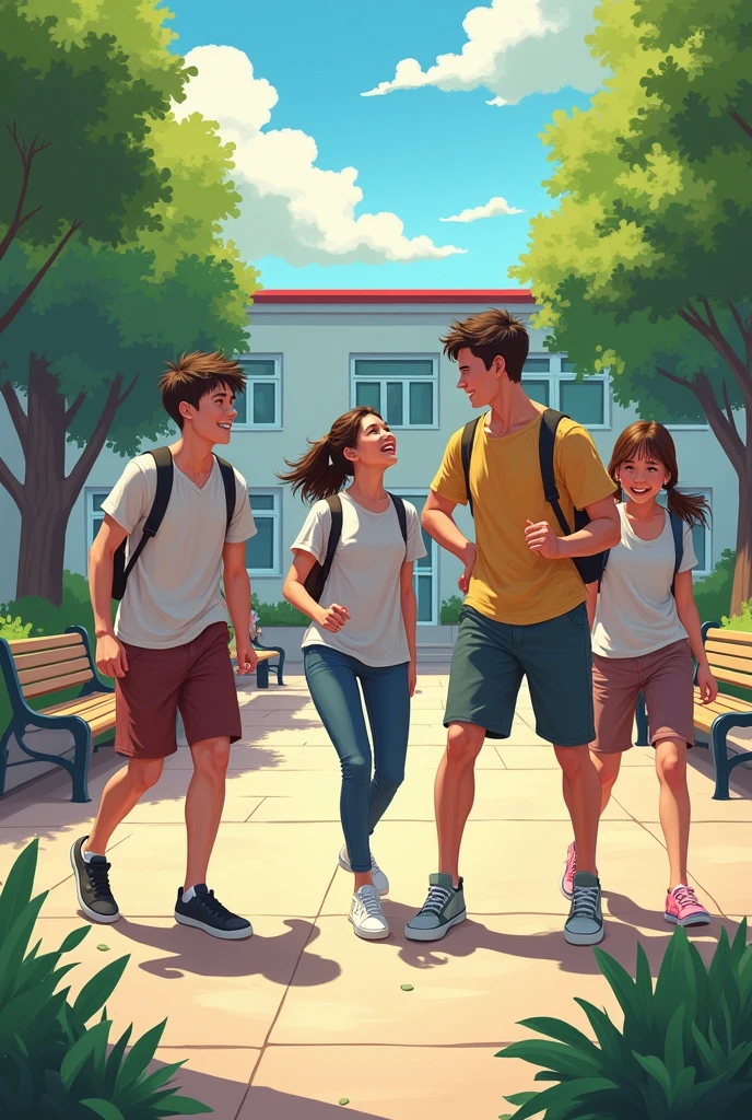 Students, male and female, playing, laughing, relaxing in the school courtyard during recess. Atleast five characters