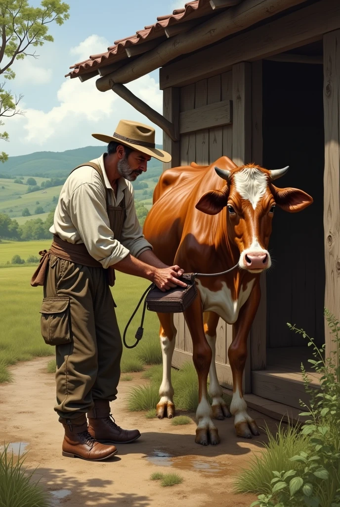A man milking a cow
