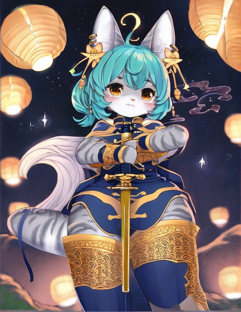 solo, 1guy, high quality, medium tall body, cute, tiger shark furry, grey fur,
japanese rice hat with a golden frame, navy fabric inside the frame, back half of the rice hat solid, fake cat ears with golden franes on the back frame, crystals with starry reflection of the cosmos as earrings, wlearrings on fake cat ears, navy haired, teal tipped hair ends, long curled ponytail, feminine hair, two small capes, transparent fabric capes, exotic markings on capes, gold embedded on the ends, cute shorts, navy shorts, big ribbon tied on the back, slightly thick thighs, navy exotic boots, pastrl blue embeds on boots, navy bodywarmer, twin strings on bodywarmer, holding katana, golden handguard, navy sword, wavey design at the start if the blade, traditional navy handle fabric, blade pointing at viewer, dark ambience, lanterns, close pov