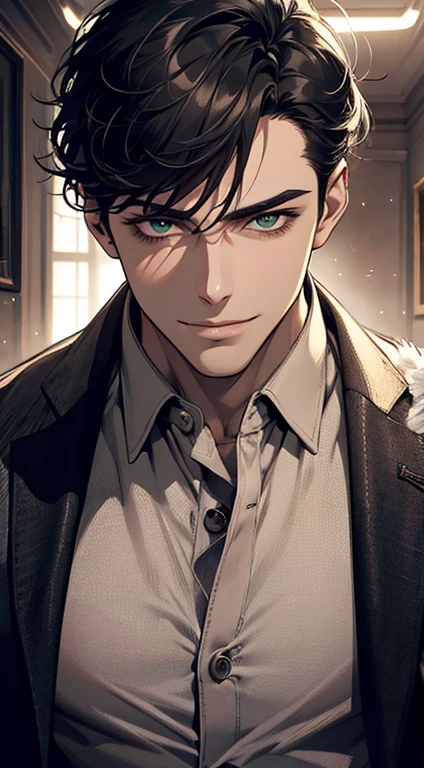 ((a mature man, very handsome, smile in love, short grey black hair, green eyes, perfect face without errors)), ((buttoning the jacket, CEO)), (best quality, masterpiece, 8K, photorealistic, cinematic lighting, hdr image, ultra detailed, beautiful image), (portrait, detailed facial features, intricate textures, realistic skin tones, highly detailed, ultra-realistic), (warm lighting, soft shadows, dramatic lighting), (muted color palette, rich tones), (professional photography, high resolution, studio lighting)