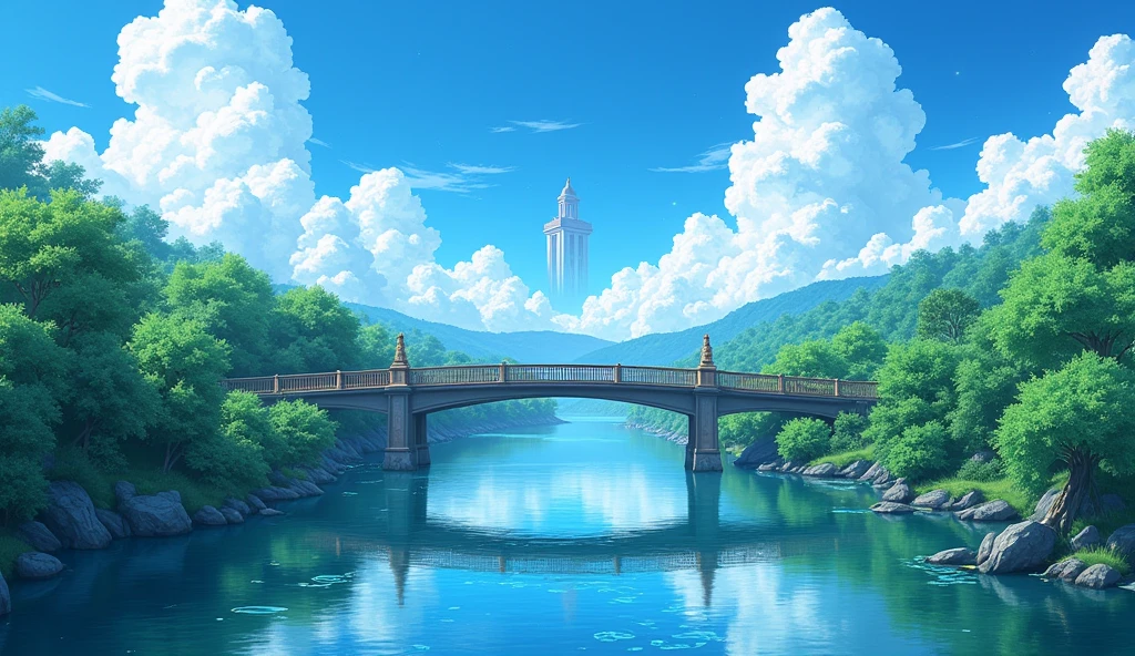 Anime scenery of a bridge over a river with a sky background, beautiful Anime scenery, Anime scenery wallpaper, Anime scenery, Anime Nature, Anime Nature , Anime scenery, Anime Background art, Anime Background, Beautiful peaceful scenes in anime, Beautiful anime scene, Wallpaper Anime Blue Water, Landscape painting, Castle in the Sky, Floating Island, Fantasy, Fantasy, high resolution, Highest quality, 4K