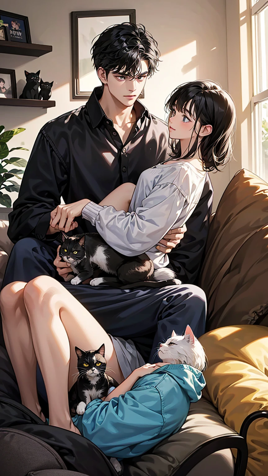 college student couple,Still face, black hair, Multiple cats,Carrying a cat, living room