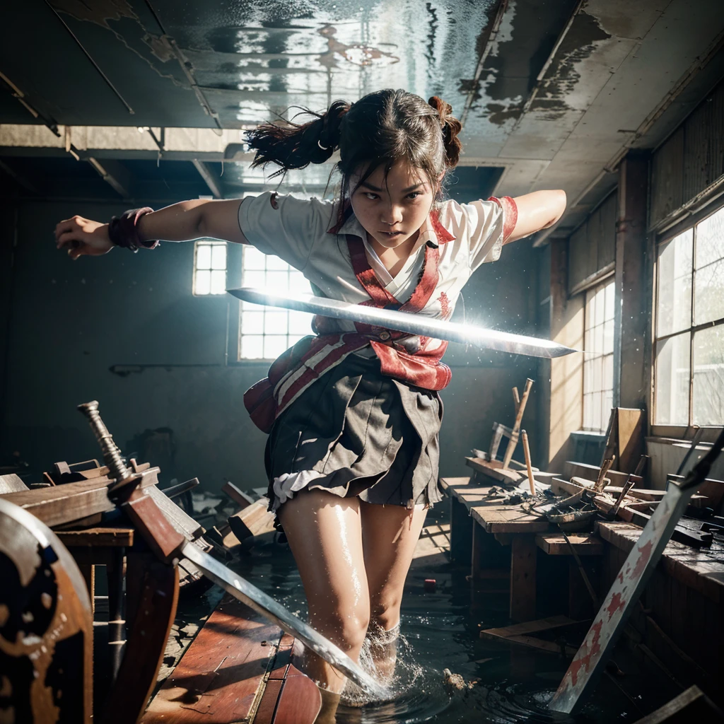 A Japanese high school French braid girl wearing her bloodstained uniform, carrying a sword, Wielding a sword  , water flows in tandem with the sword , creating a dynamic visual effect , huge Wavy water Inside the dilapidated, cluttered, and bloodstained classroom