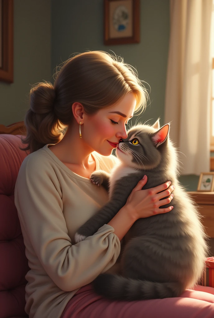 "Mrs. Thompson scooped Whiskers up into her arms and gave her a gentle scratch behind the ears. Whiskers purred, nuzzling against her owner's cheek, happy with her day's adventure."